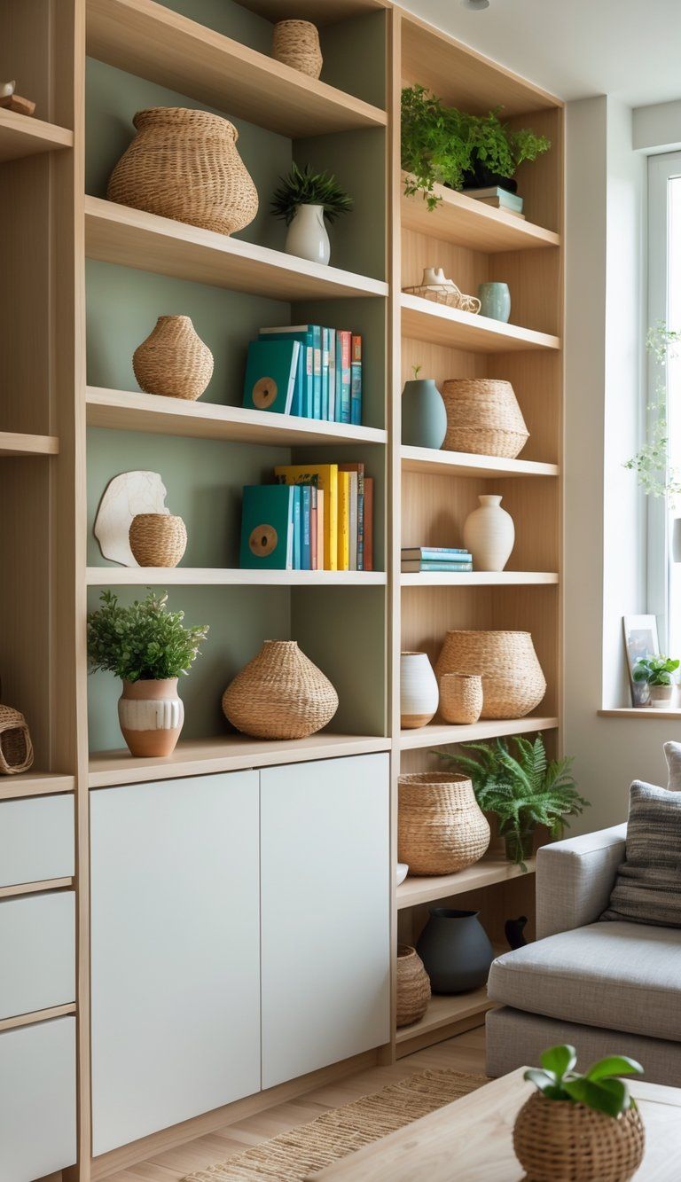A living room with shelves filled with books, plants, baskets, and decorative objects arranged neatly.