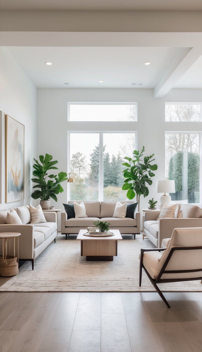 A spacious living room with sofa, armchairs, coffee table, and plants arranged to create a comfortable and inviting seating area.