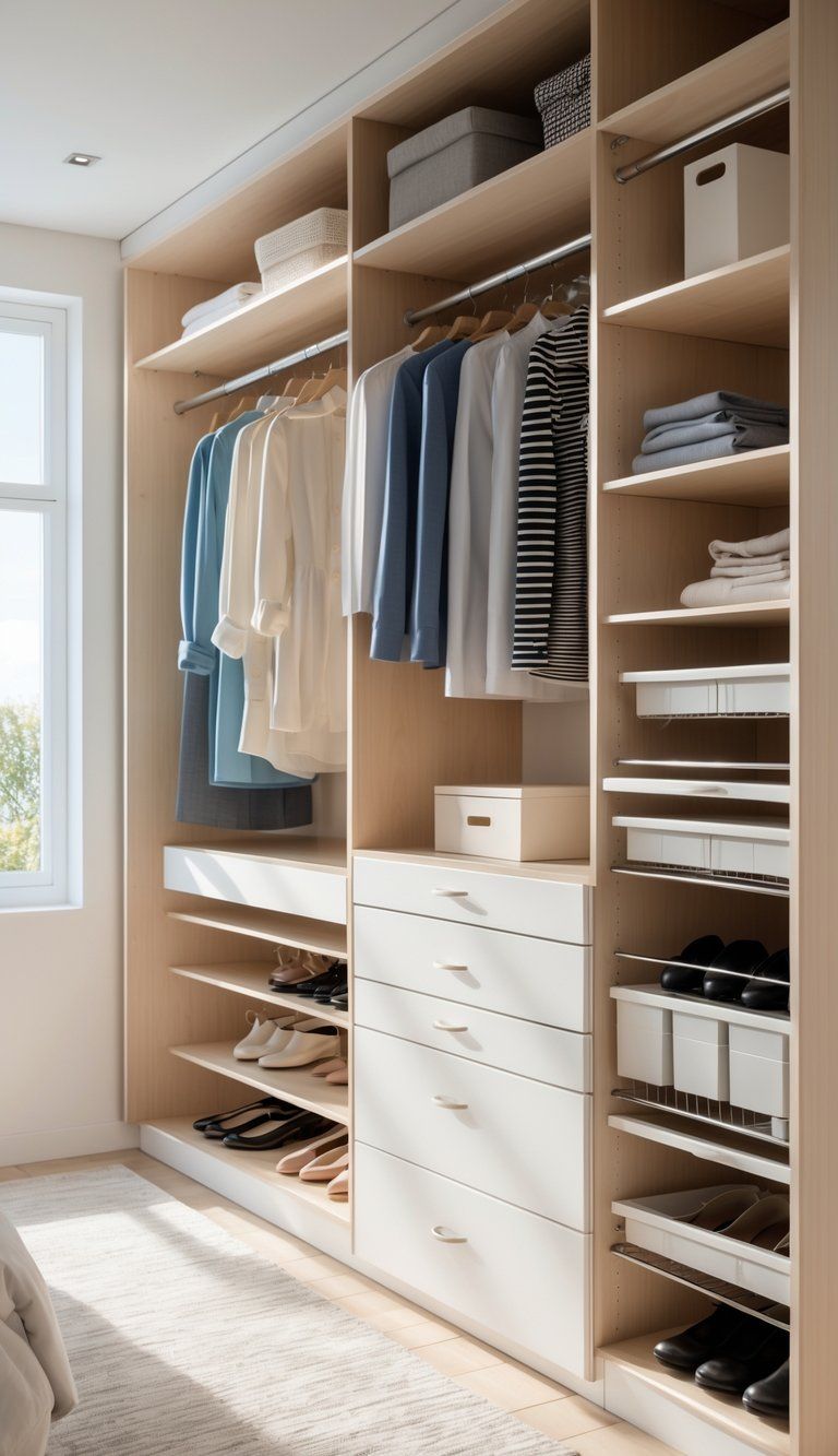 A neatly organized closet with shelves, hanging clothes, drawers, and shoe racks in a bright, clean space.