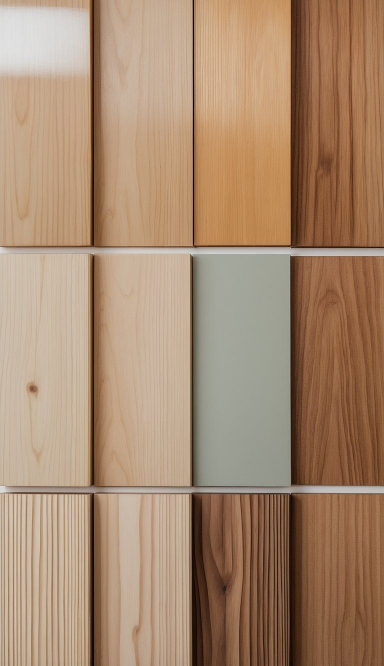 Close-up view of several wooden panels side by side, each with a different protective wood finish showing various textures and sheens.