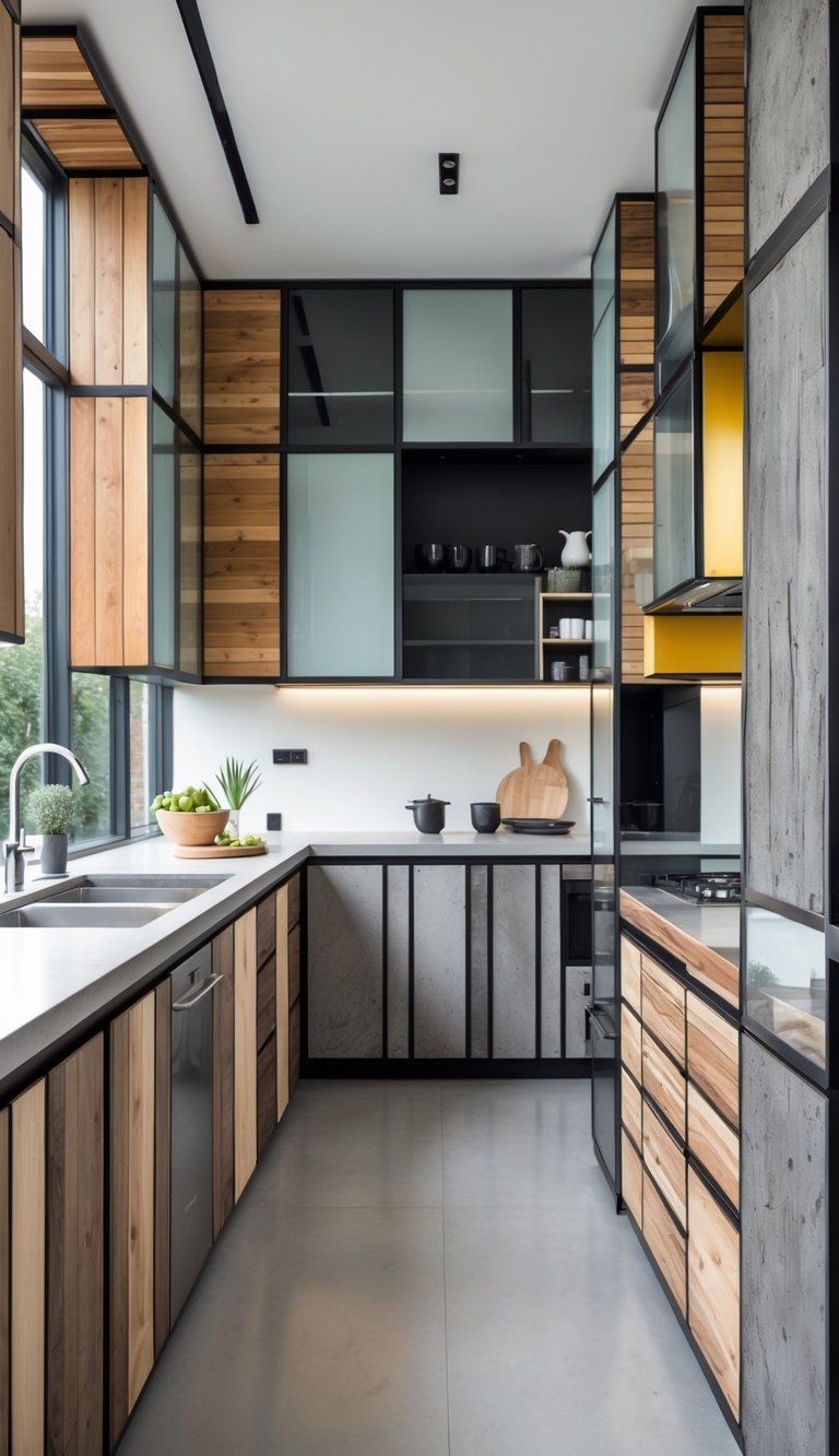 A modern kitchen interior showing cabinets made from various materials like wood, metal, glass, and concrete in a bright and clean setting.