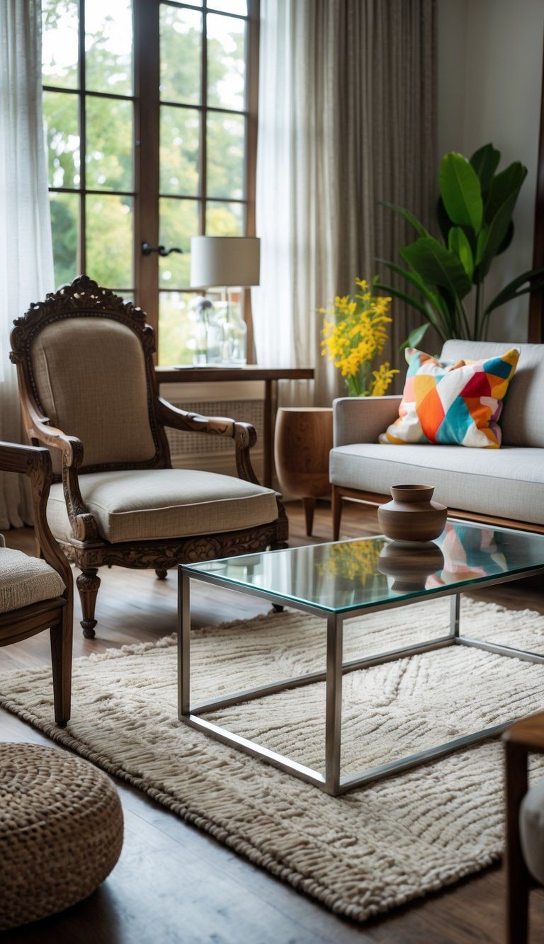 A living room featuring a mix of old and new furniture including a vintage wooden armchair, a modern glass coffee table, and a sofa with colorful pillows under natural light.