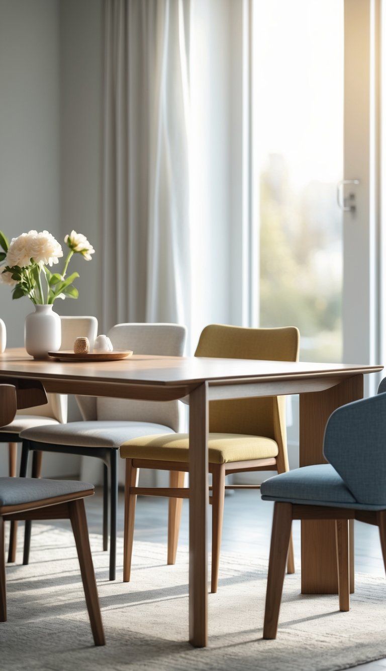 A dining table surrounded by several different dining chairs in a bright room with natural light.