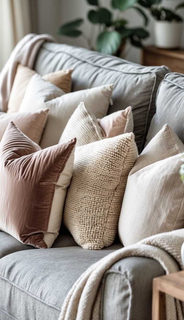 A sofa with multiple pillows of different textures and fabrics arranged neatly in a living room setting.