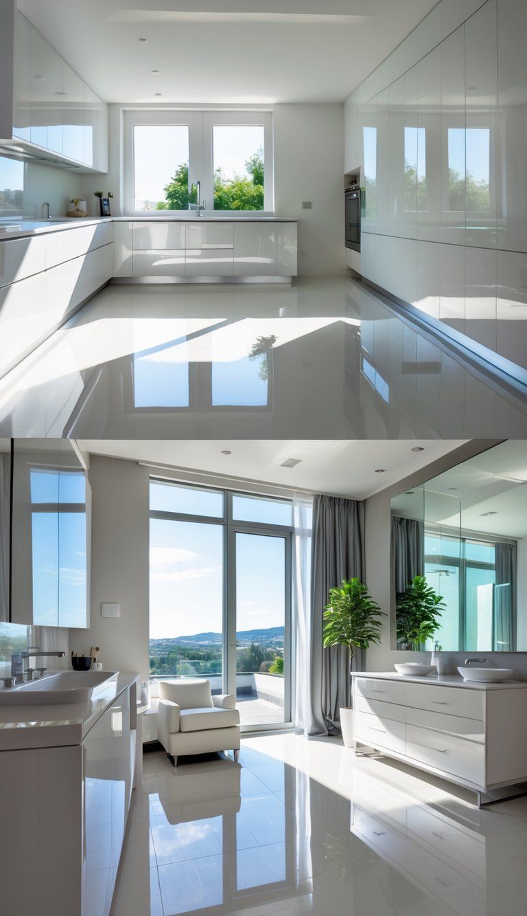 Interior view of a kitchen, living room, and bathroom showing shiny, reflective painted surfaces on cabinets, walls, and furniture.