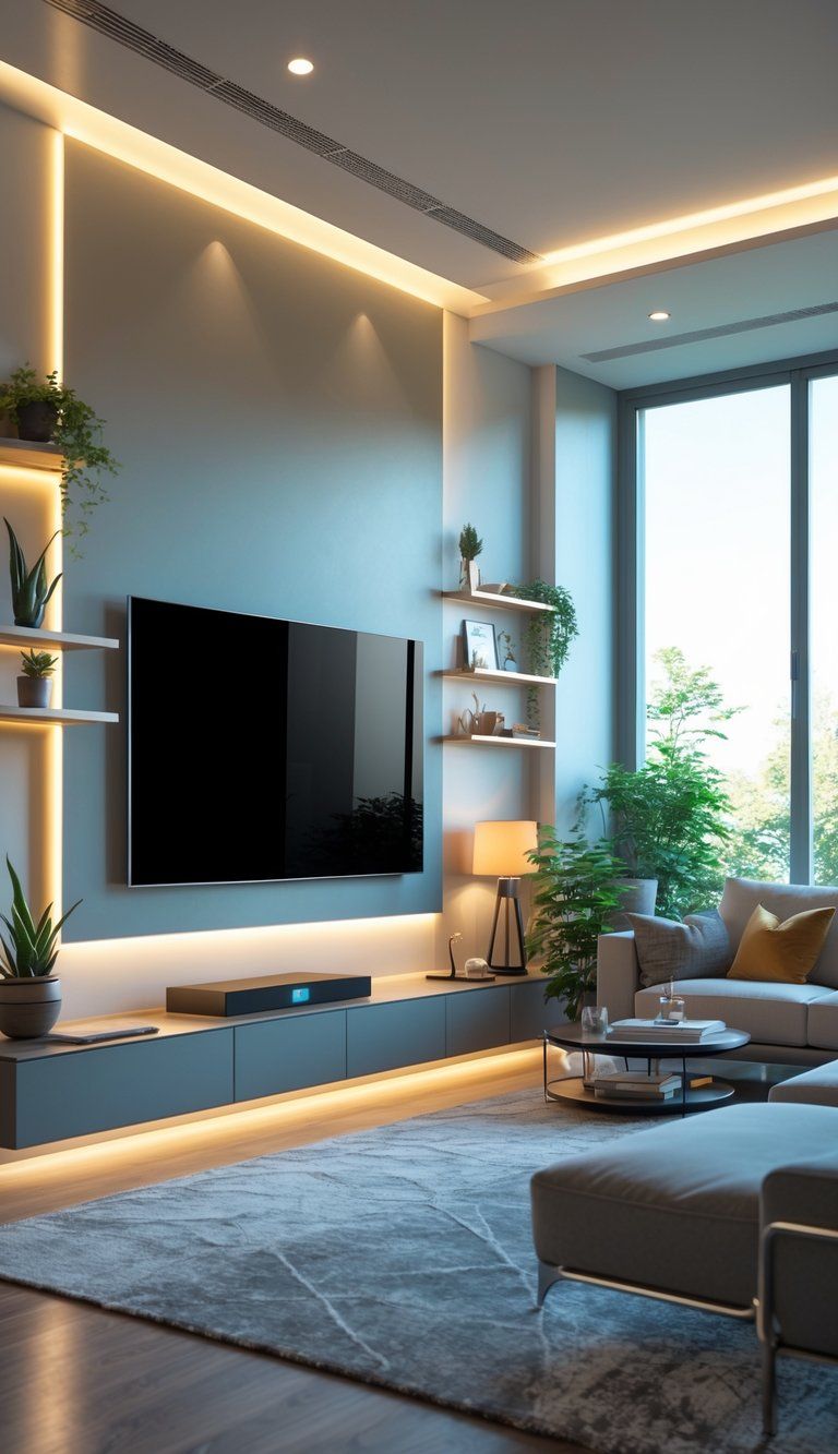 A living room with a flat-screen TV mounted on the wall, surrounded by modern furniture and decor, with natural light coming through large windows.