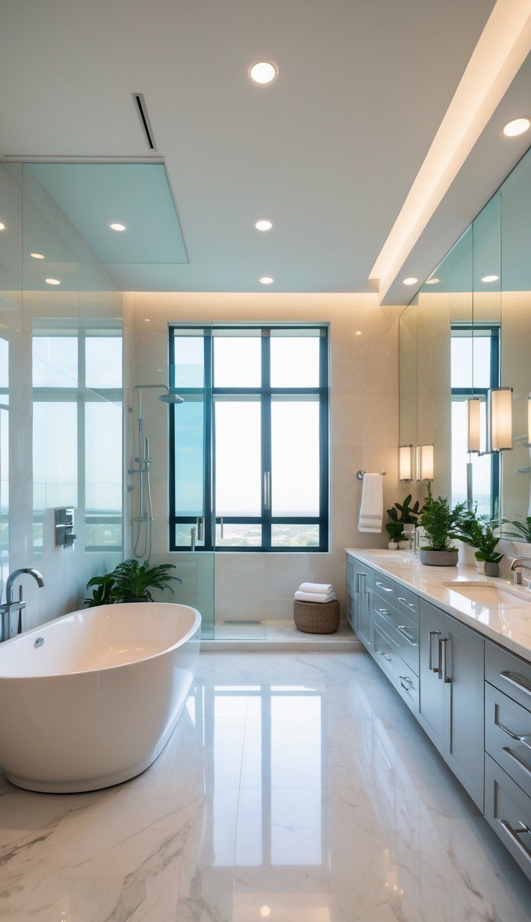 A spacious master bathroom with a freestanding bathtub, double vanity, and walk-in shower illuminated by natural light.
