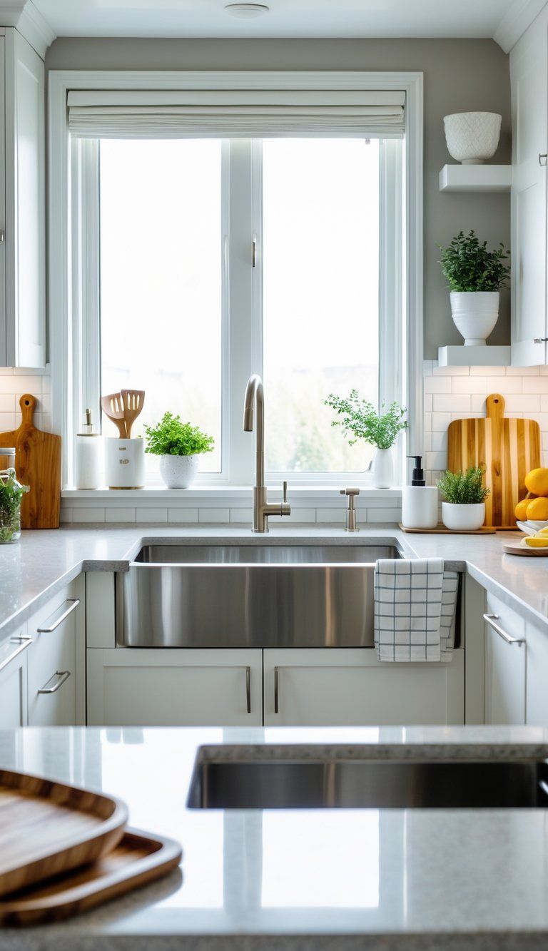 A modern kitchen with a large sink centered under a window, surrounded by clean countertops and organized kitchen accessories.