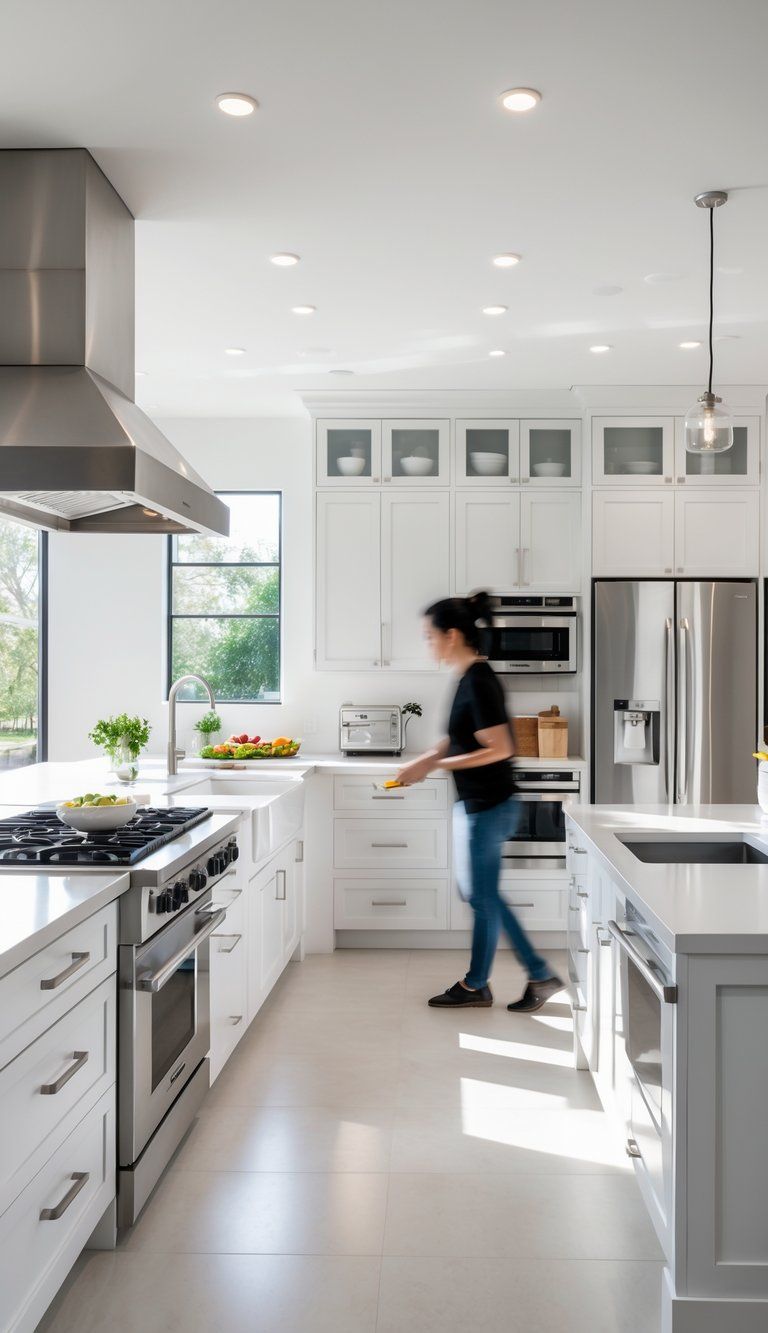 A modern kitchen with a spacious island, appliances, and a person preparing food, illustrating an efficient and organized layout.