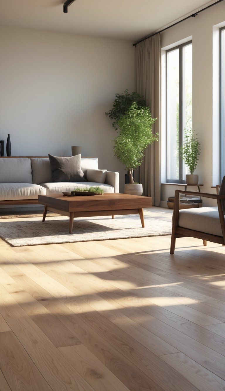 A living room with dark wooden furniture placed on light hardwood floors, illuminated by natural sunlight through large windows.