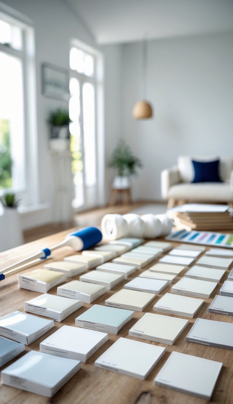 A table with various white paint swatches and painting tools, with a softly blurred white interior room in the background.