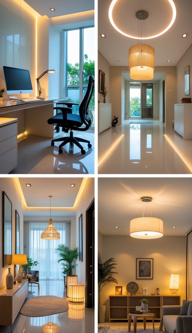 A modern home interior showing a well-lit home office, an illuminated entryway with a pendant light, and a cozy living area with layered lighting.