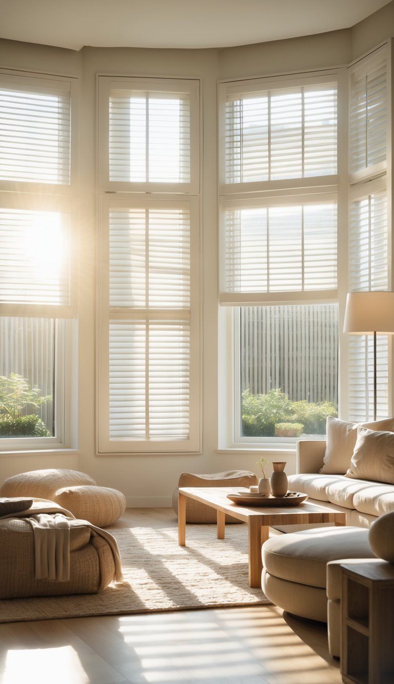 A modern living room with large windows covered by blinds and shutters, sunlight streaming through and casting soft shadows inside.