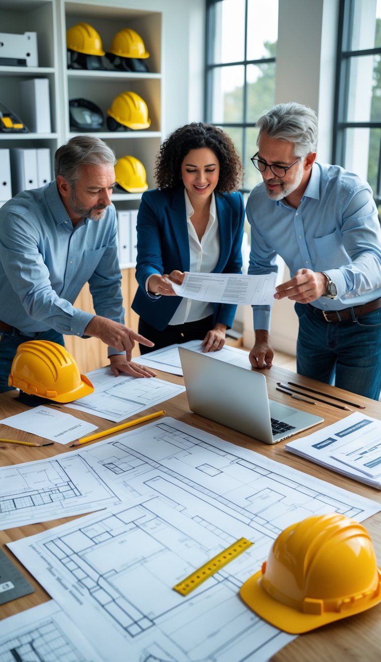 Three people reviewing blueprints and permit documents around a table in an office during a home renovation planning meeting.