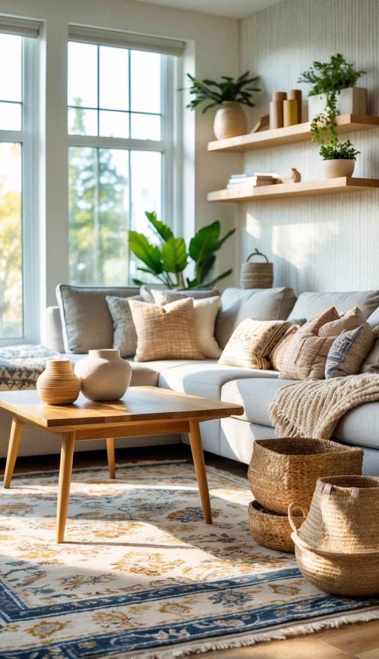 A well-lit living room with a sofa, coffee table, area rug, decorative items, and plants arranged neatly.