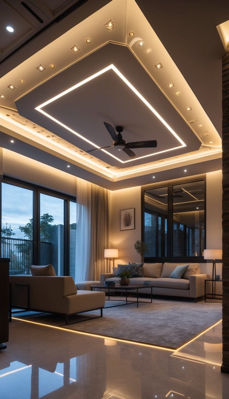 A modern living room with multiple ceiling lights highlighting a decorative ceiling, creating a warm and inviting atmosphere.