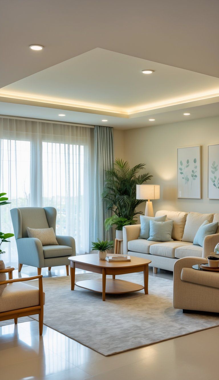 A bright living room with comfortable, supportive furniture, smooth flooring, natural light, and smart home devices, designed for safety and comfort for all ages.