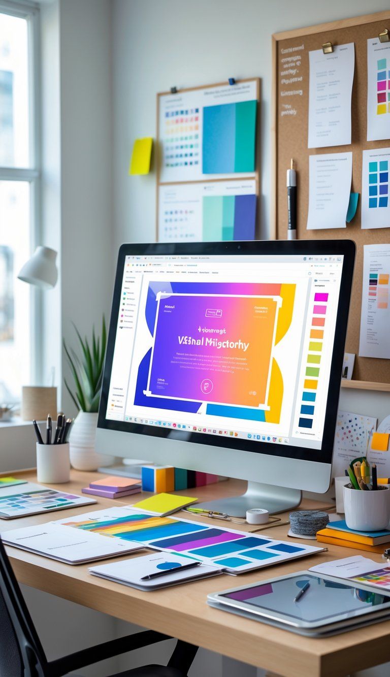 A modern workspace with a computer displaying a colorful design layout, surrounded by design tools and notes on a board in the background.