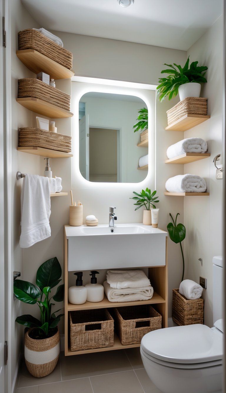 Small bathroom with organized storage including shelves, baskets, and a compact vanity, featuring a clean and tidy layout.