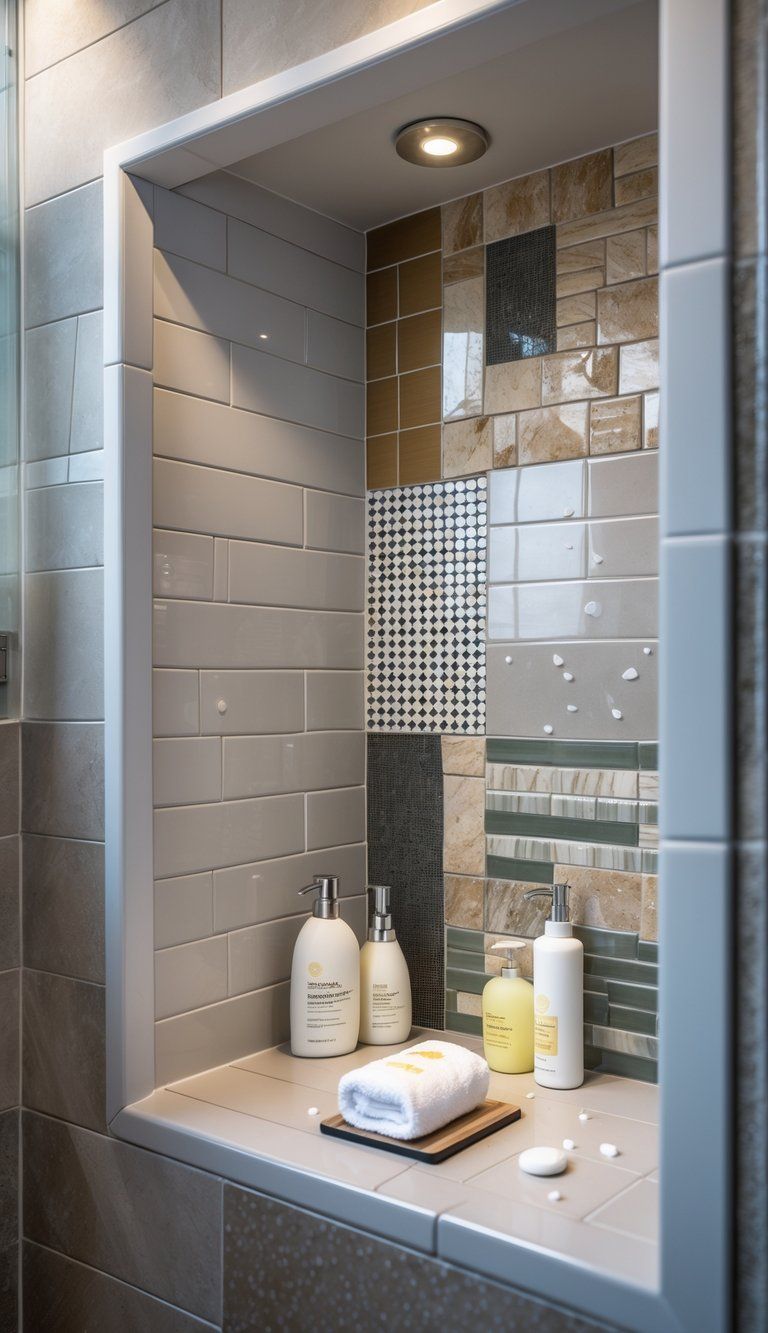 Close-up of a bathroom shower niche with a combination of different tiles and neatly arranged toiletries.
