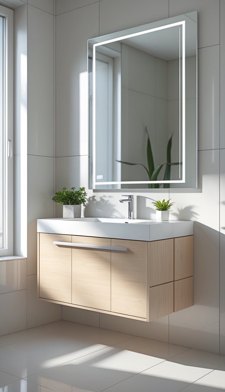 A modern bathroom with a compact vanity, sink, mirror, and a small plant, illuminated by natural light.