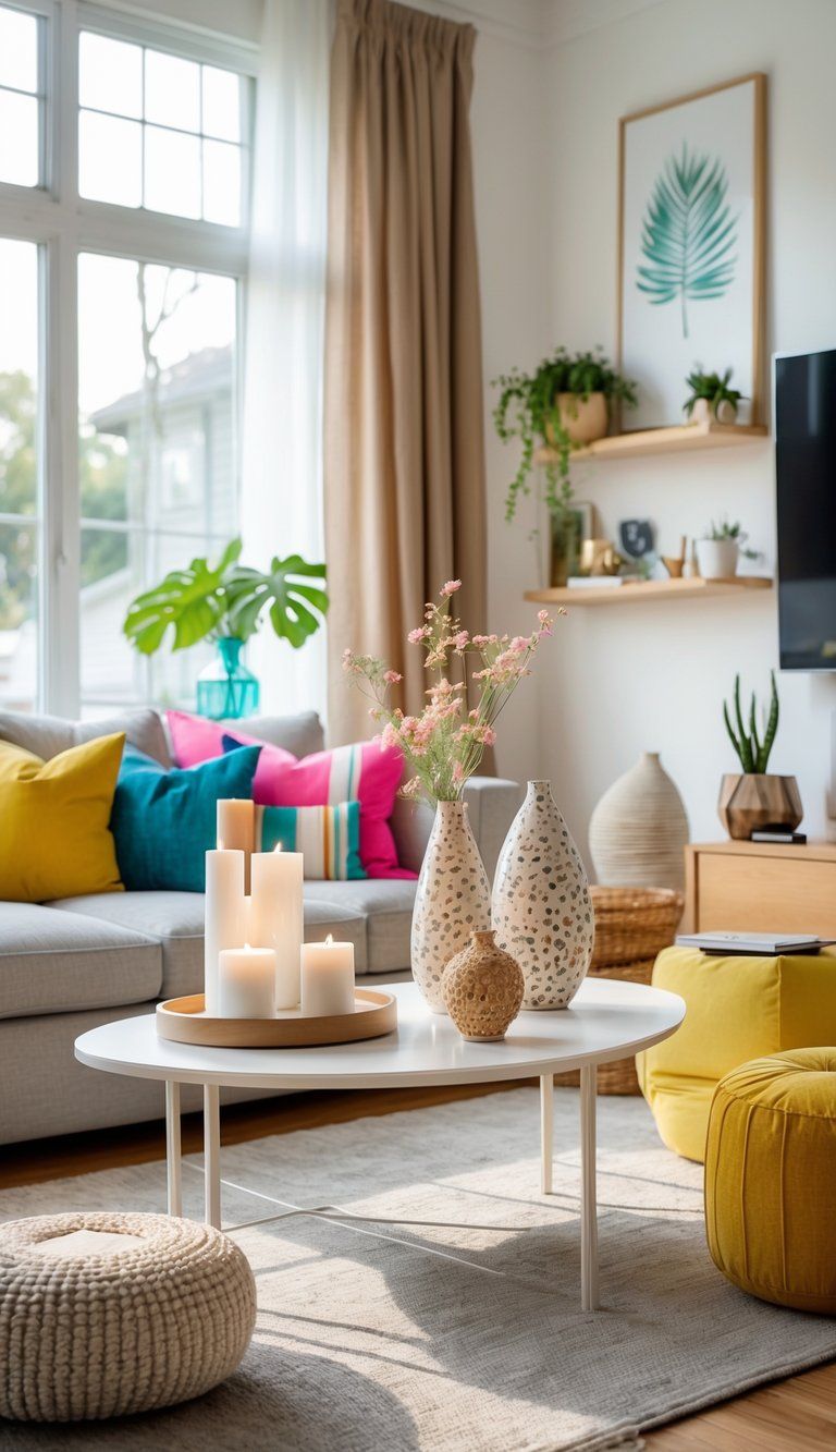 A well-lit living room with a sofa, coffee table with decorative items, and shelves with plants and art prints.