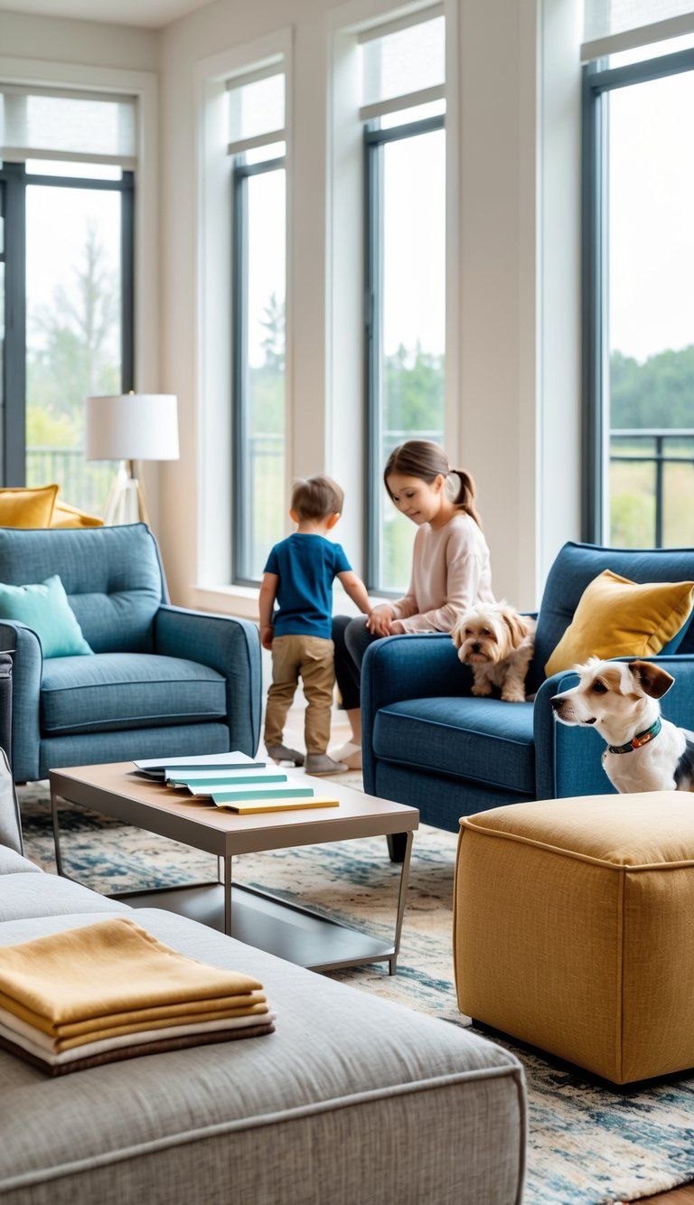 Living room with sofa, armchair, and ottoman in durable fabrics, a child and dog nearby, and fabric samples on a coffee table.