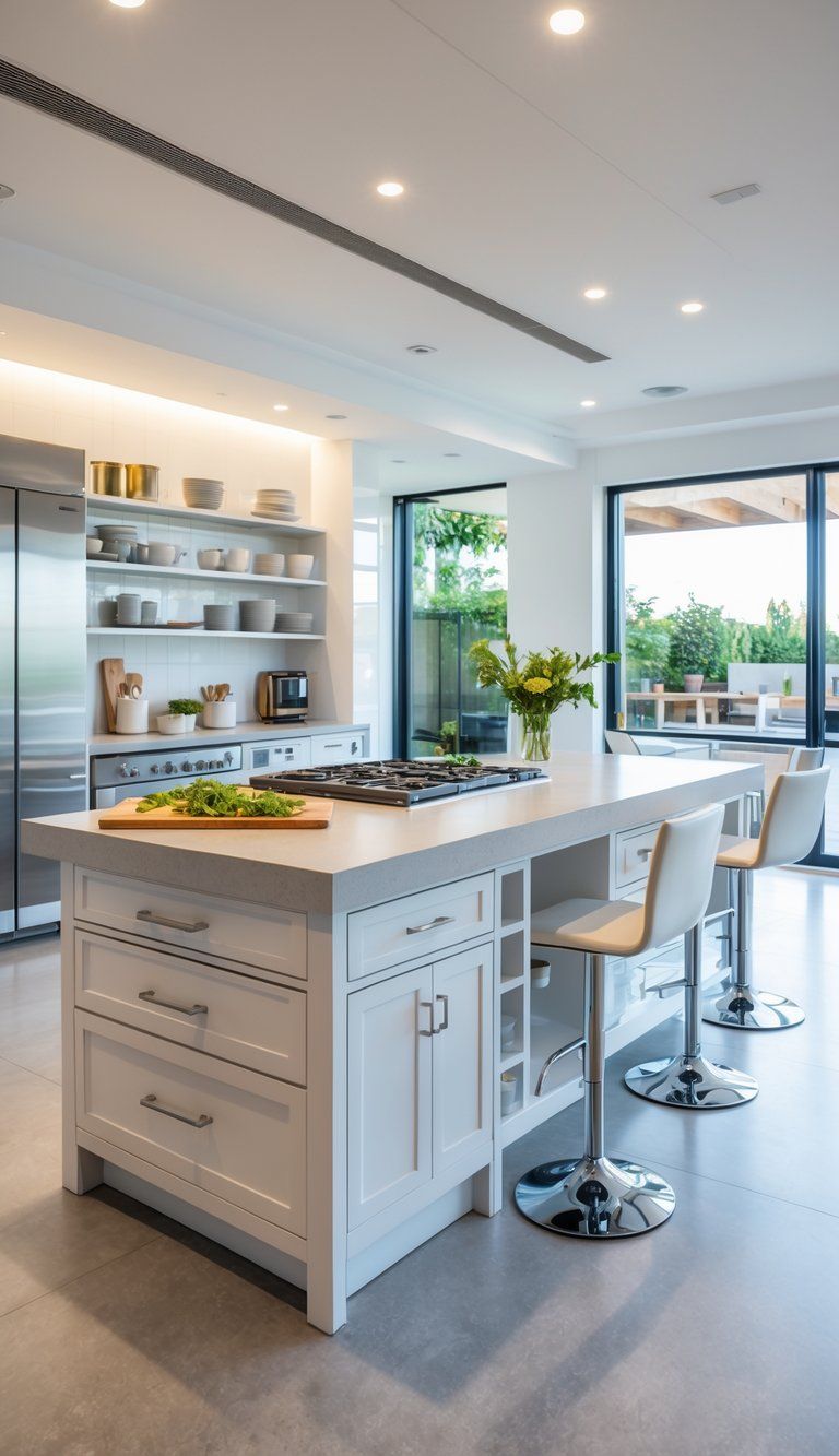 A modern kitchen with a large kitchen island featuring a cooktop, sink, storage, and seating, surrounded by stainless steel appliances and natural light.