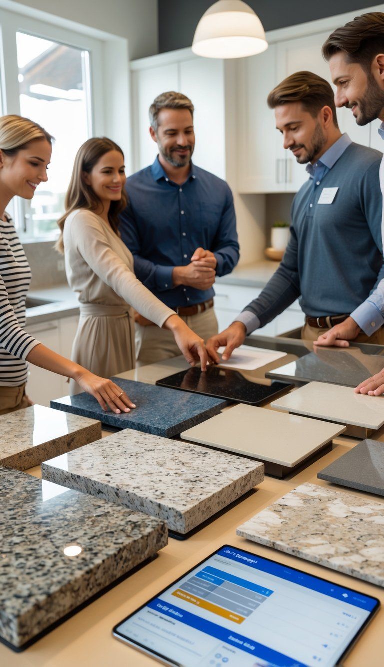 People examining various countertop samples in a modern kitchen showroom, comparing textures and finishes.