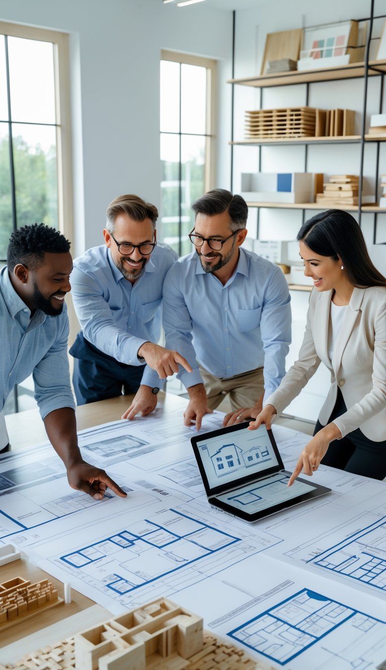Three people discussing home renovation plans around a table with blueprints and laptops in a bright office.