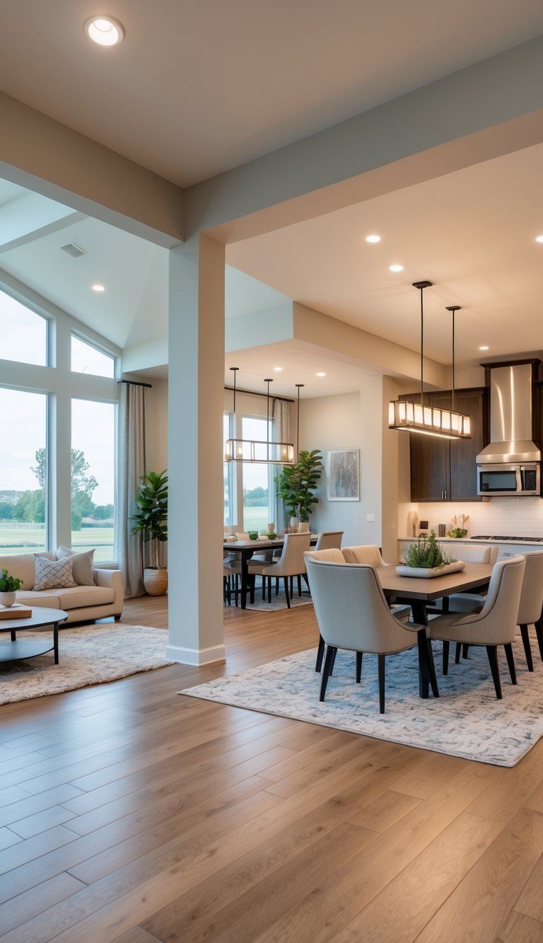 An open floor plan home interior showing a living room, dining area, and kitchen connected with matching floors, furniture, and decor.