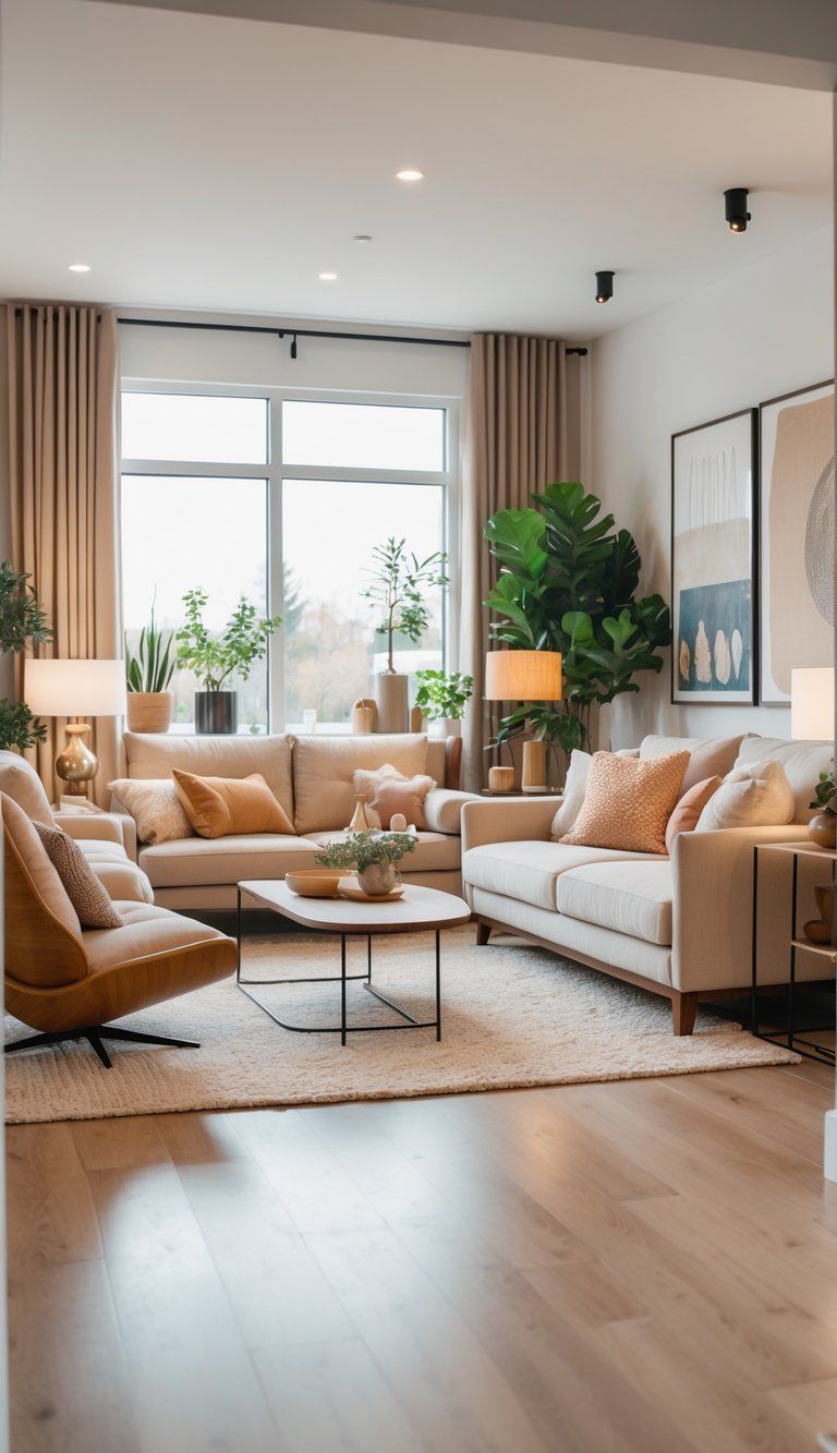A living room combining warm cozy furniture with sleek minimalist pieces, decorated with plants and artwork, creating a balanced and inviting space.