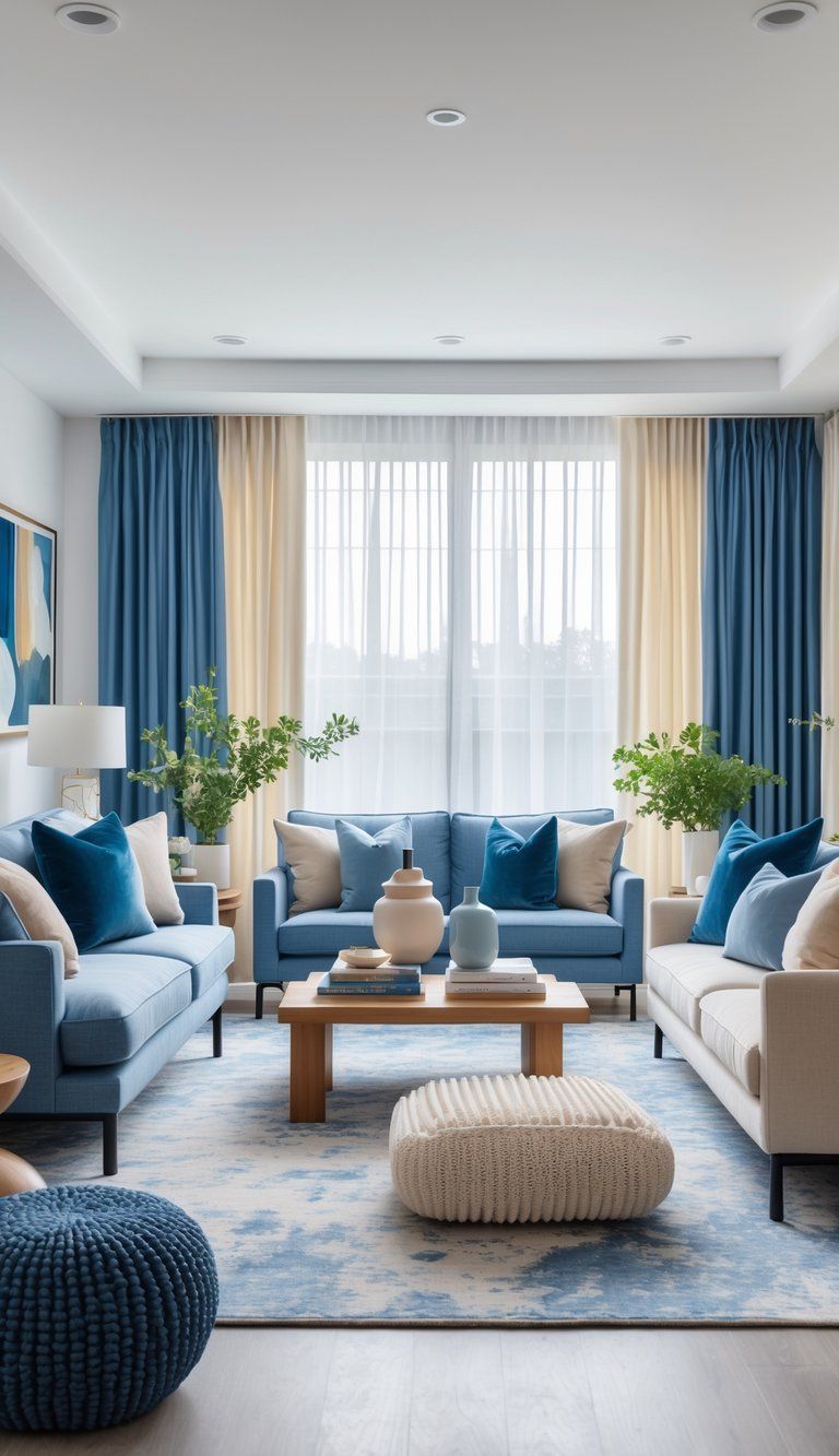 A living room with coordinated furniture and accessories in shades of blue and beige, including a sofa, coffee table, curtains, and decorative items.