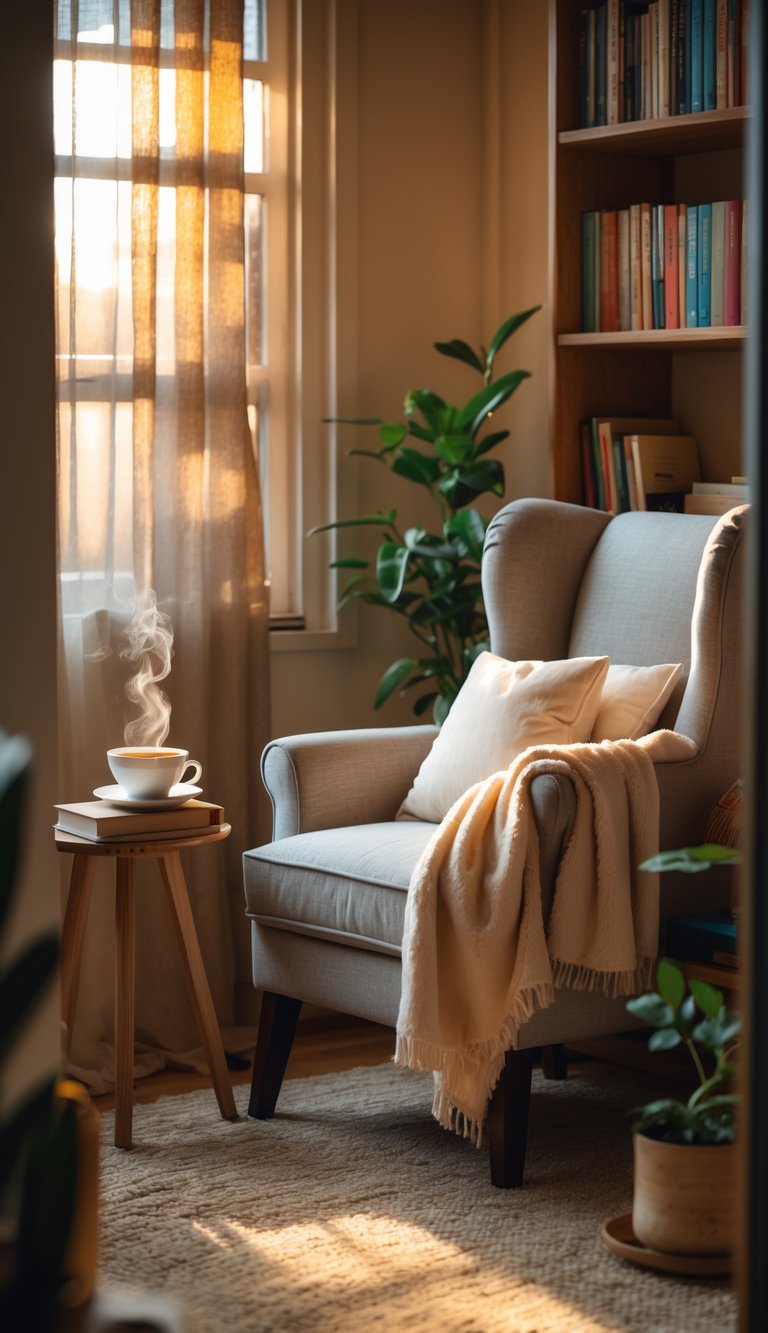 A cozy reading nook with an armchair, cushions, a side table with a cup and books, illuminated by warm natural light from a nearby window.
