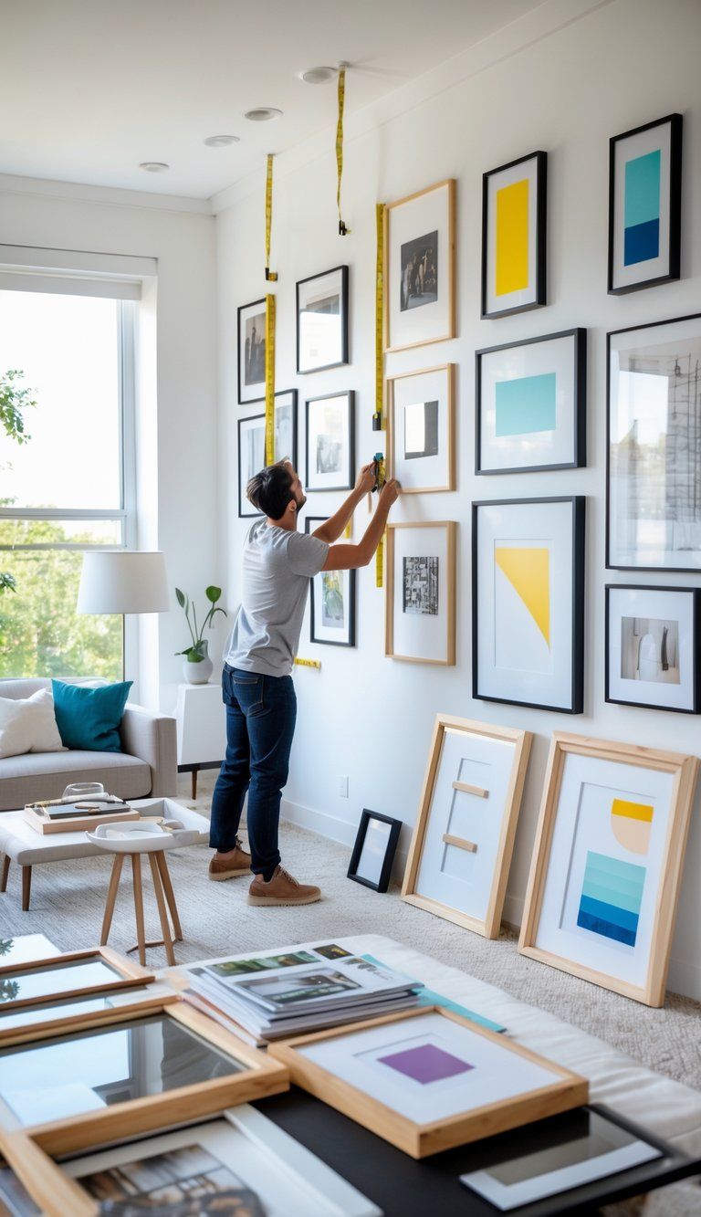 Person arranging framed artworks on a living room wall with art supplies on a nearby table.