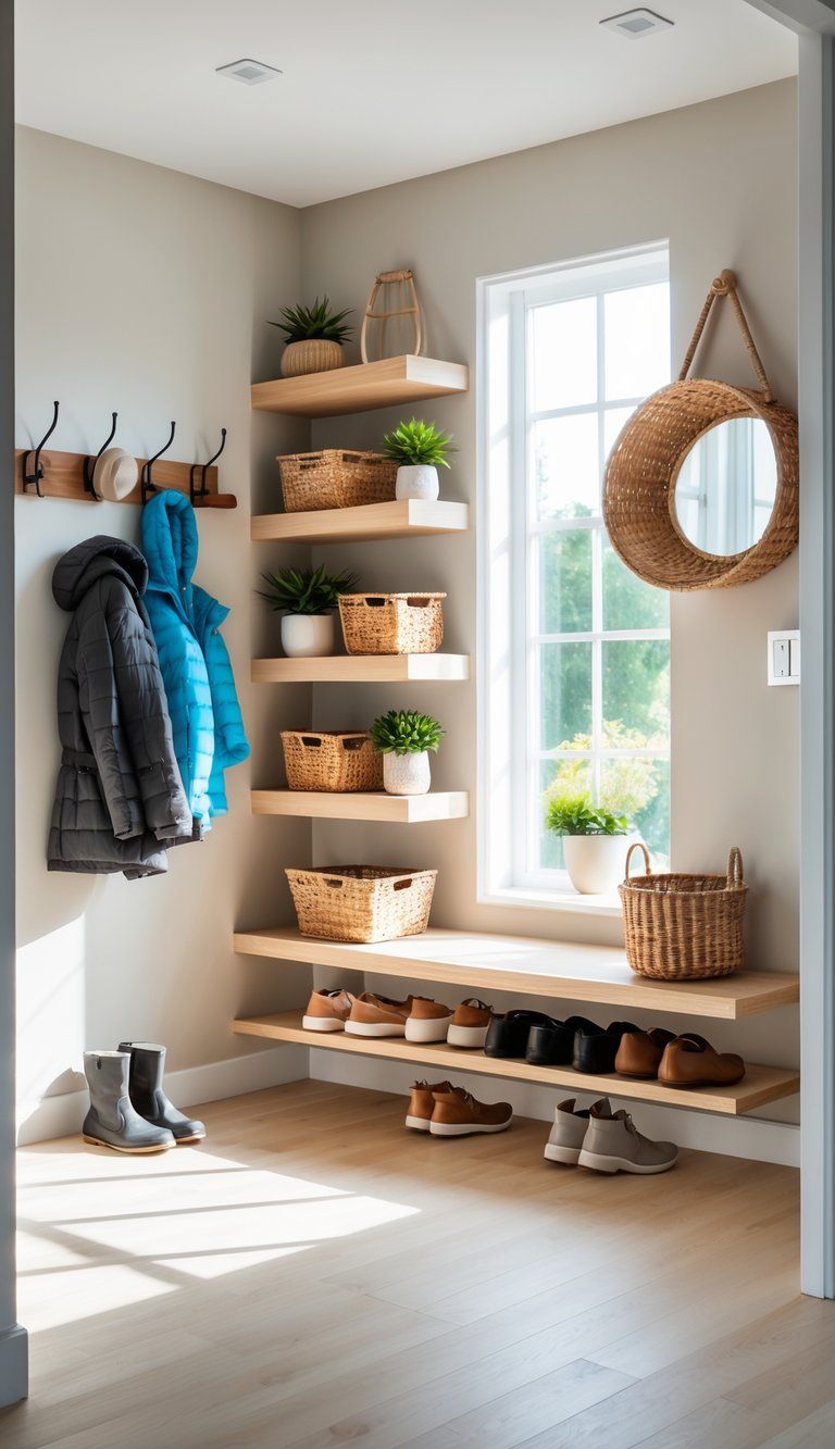An entryway with coats on hooks, shelves holding baskets and plants, a shoe rack with shoes, and a small bench with storage.