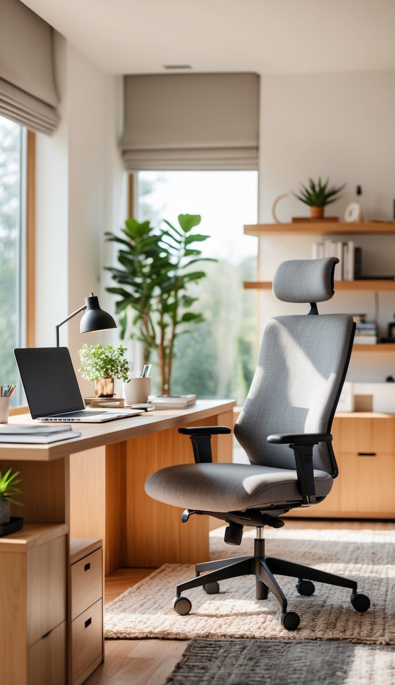 A home office with a wooden desk, ergonomic chair, laptop, plants, and shelves, illuminated by natural light from a large window.