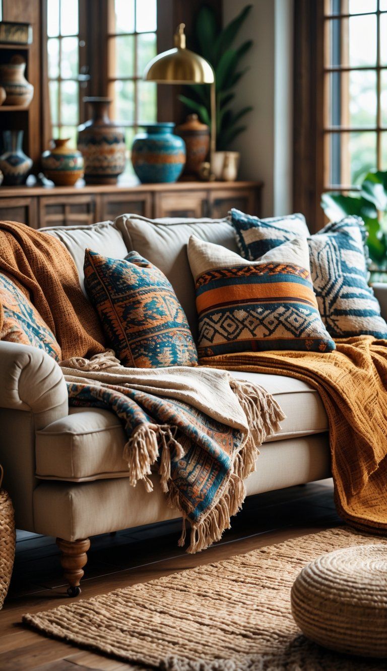 A living room with a sofa layered with blankets and cushions, woven rugs on the floor, and travel-inspired decor creating a warm and comfortable atmosphere.