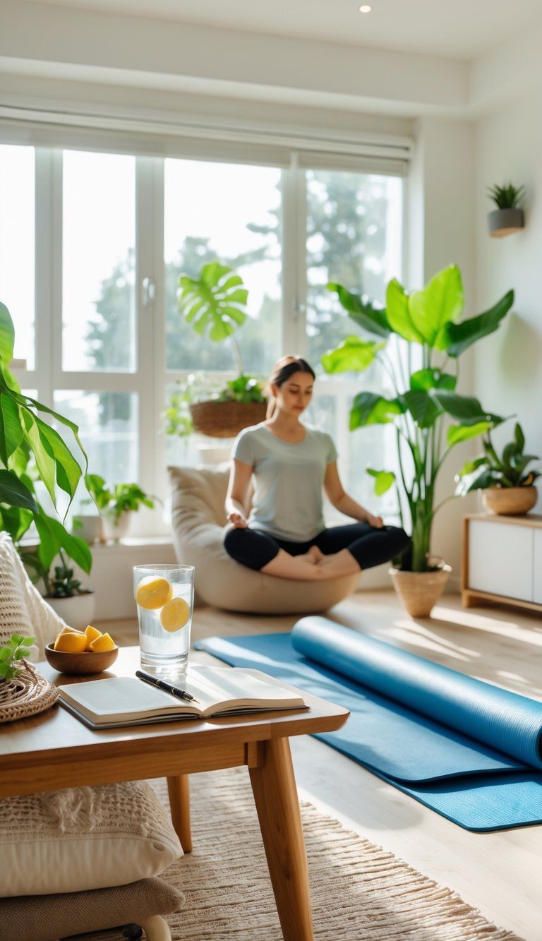 A sunlit living room with indoor plants, a yoga mat, fresh fruits, and a person stretching, creating a calm and healthy home environment.