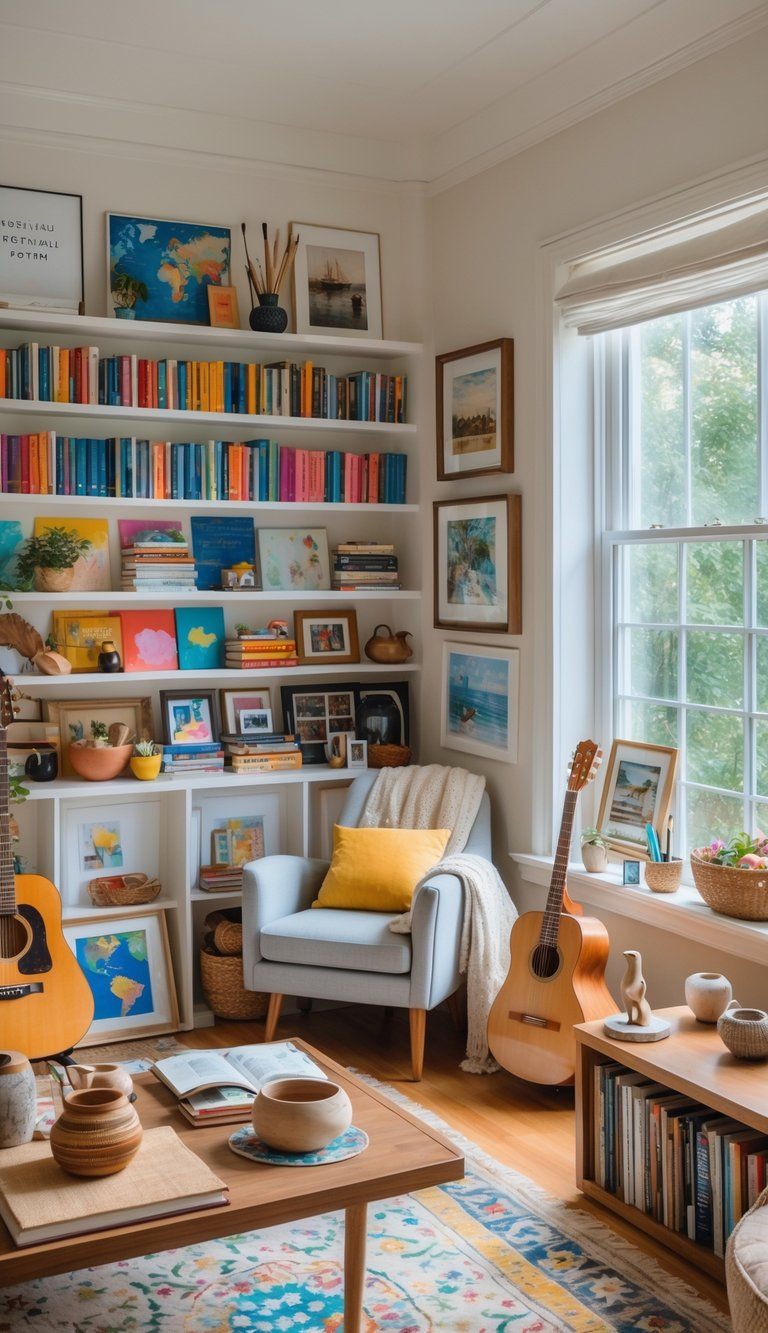 A living room filled with books, art supplies, musical instruments, and personal decorations that reflect hobbies and passions.
