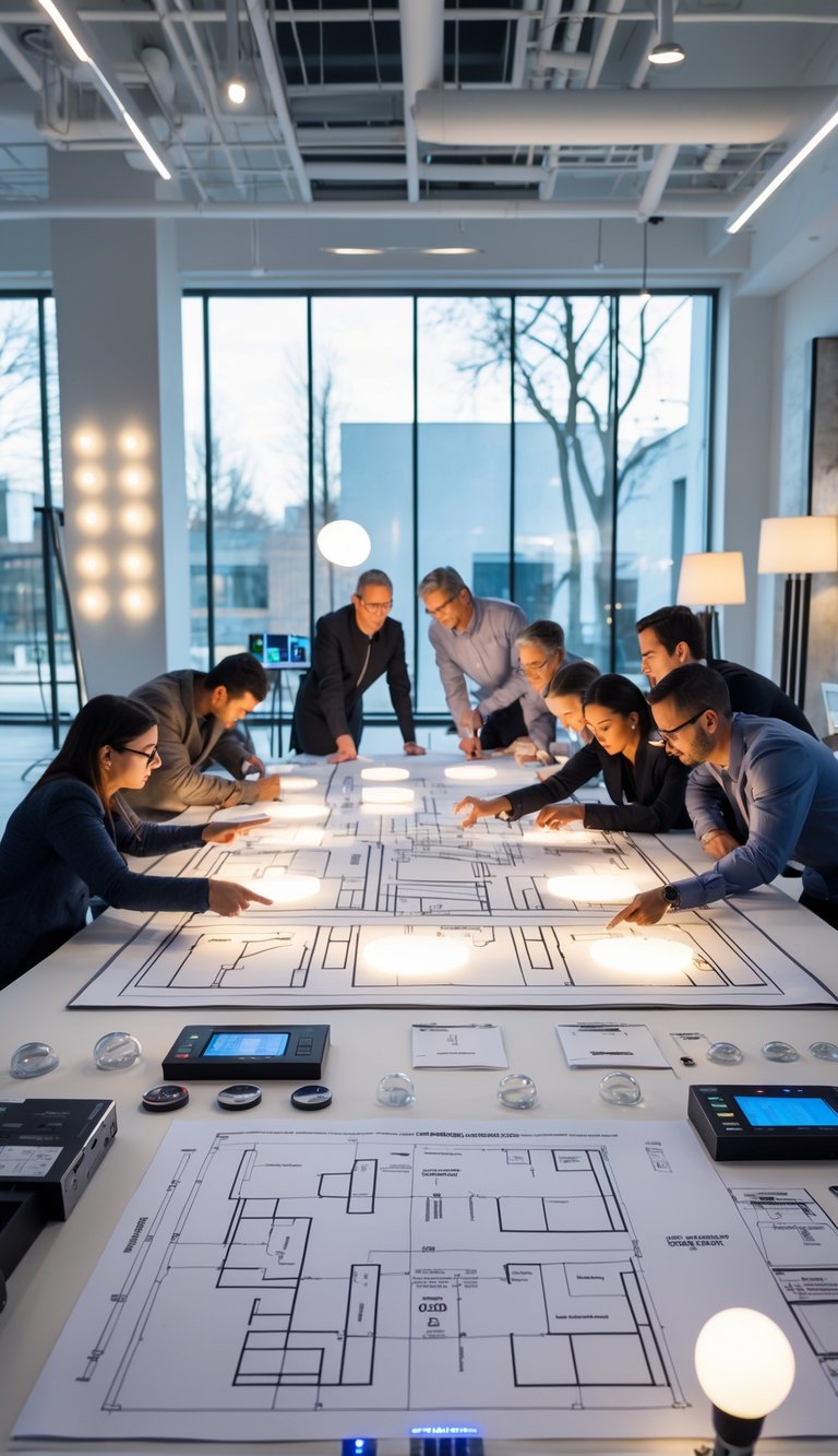 A team of lighting designers working together in a bright office with various light sources and lighting plans spread on a table.