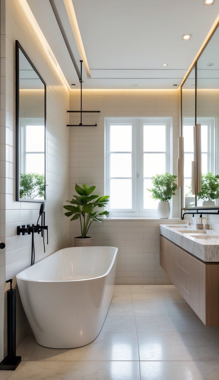 A bright bathroom with a freestanding bathtub, floating vanity, large mirror, tiled walls, and a small potted plant.