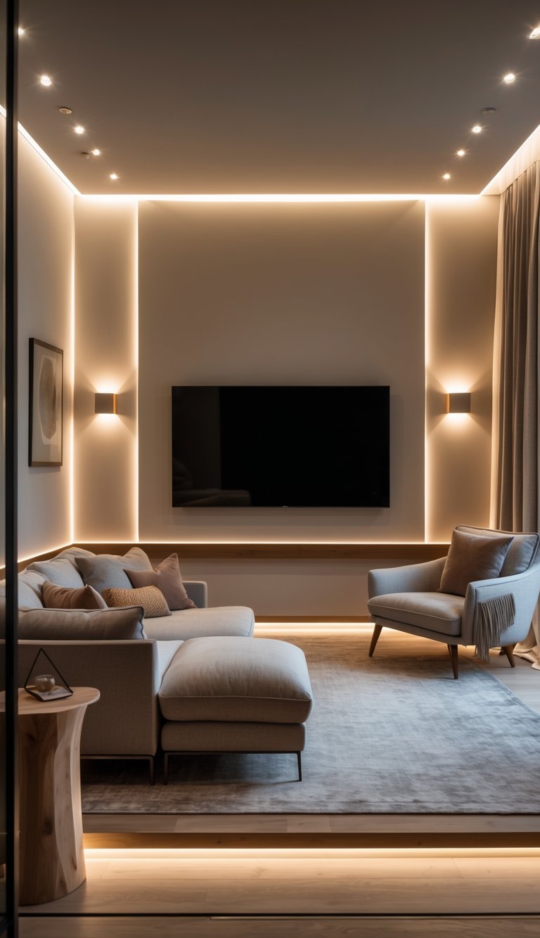 A cozy media room with soft ambient lighting, a large TV, comfortable seating, and warm, subtle lights creating a calm atmosphere.