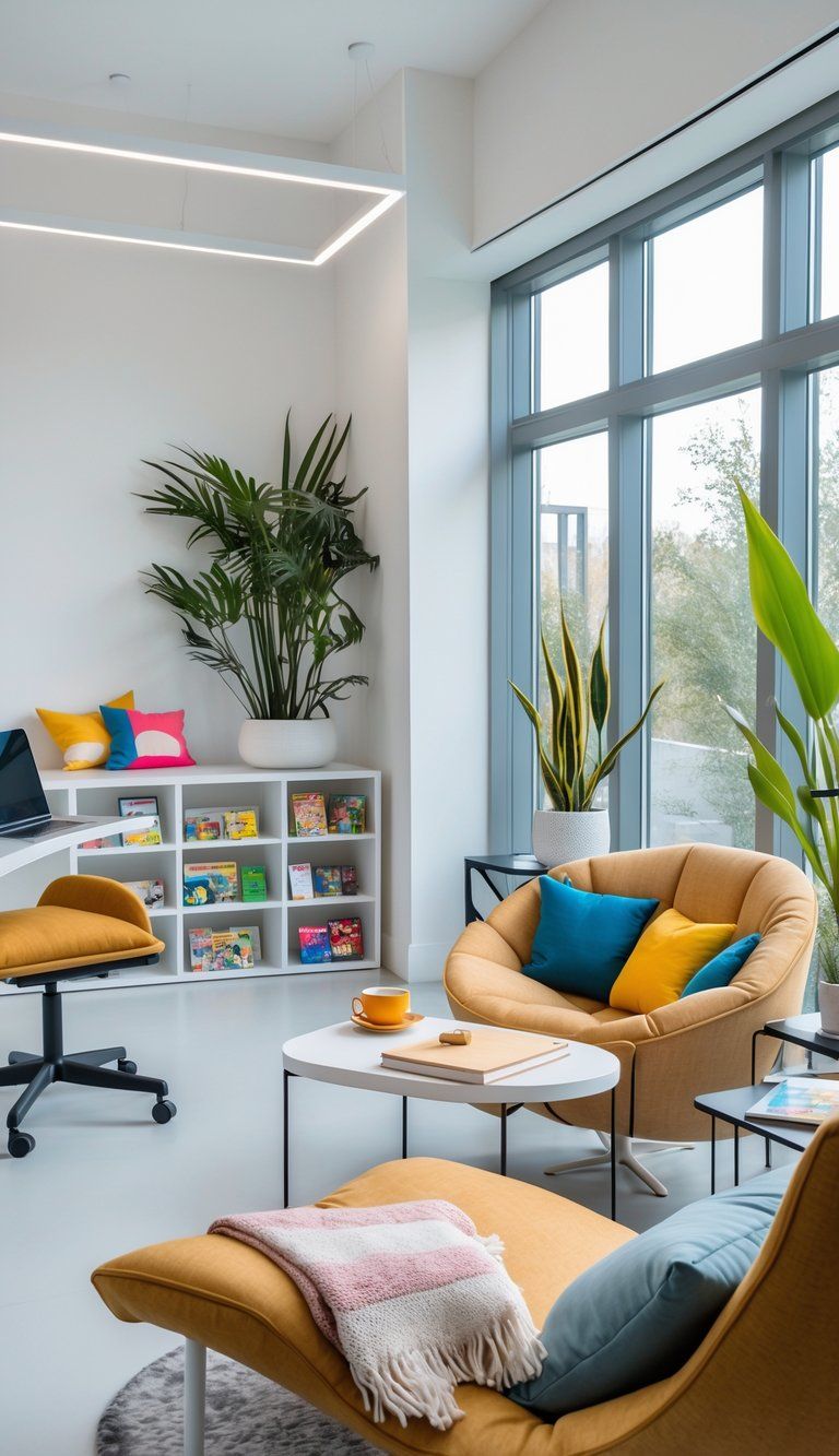 A modern room with a workspace, lounge chair, coffee table, cushions, and plants arranged for work, play, and relaxation.