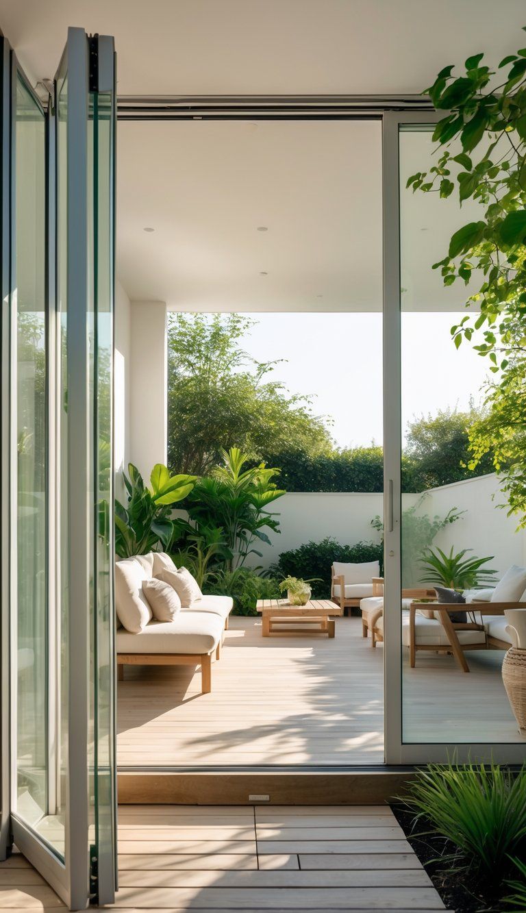 A modern living room open to an outdoor patio with large glass doors, featuring natural light and green plants.