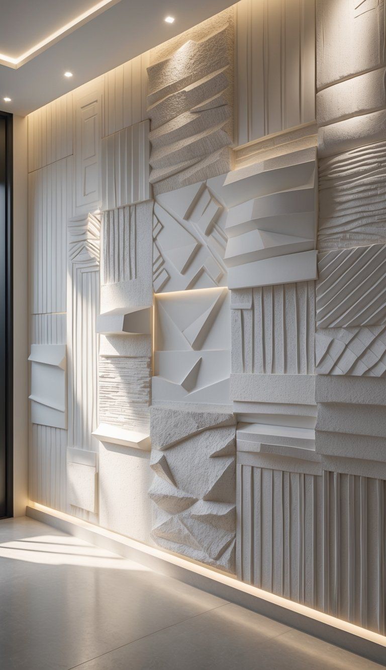 A close-up view of a wall with textured and three-dimensional decorative finishes in a modern interior space.