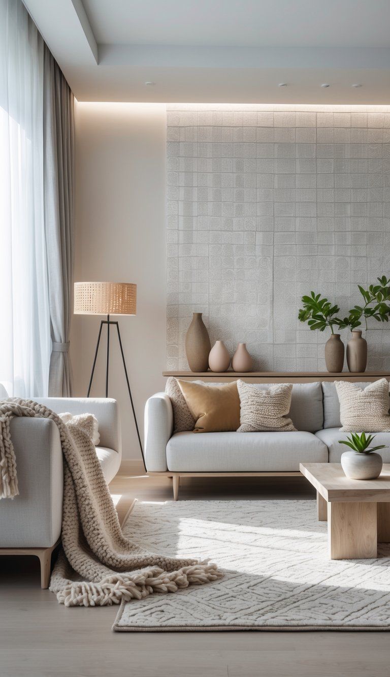 A modern living room with a sofa, patterned rug, textured pillows, a wooden console table, and soft natural light highlighting various textures and patterns.