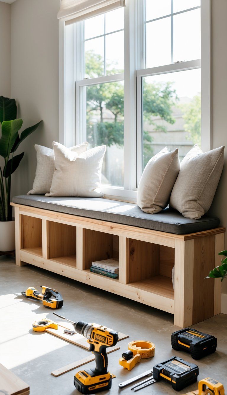 A partially built window seat with storage under a large window, surrounded by woodworking tools in a bright living room.
