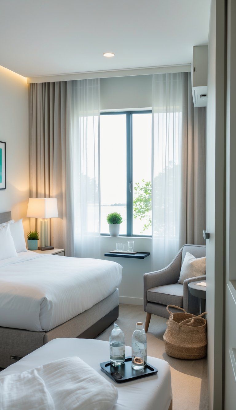 A bright and tidy guest bedroom with a made bed, bedside table, armchair, window with curtains, and thoughtful amenities arranged for comfort and privacy.