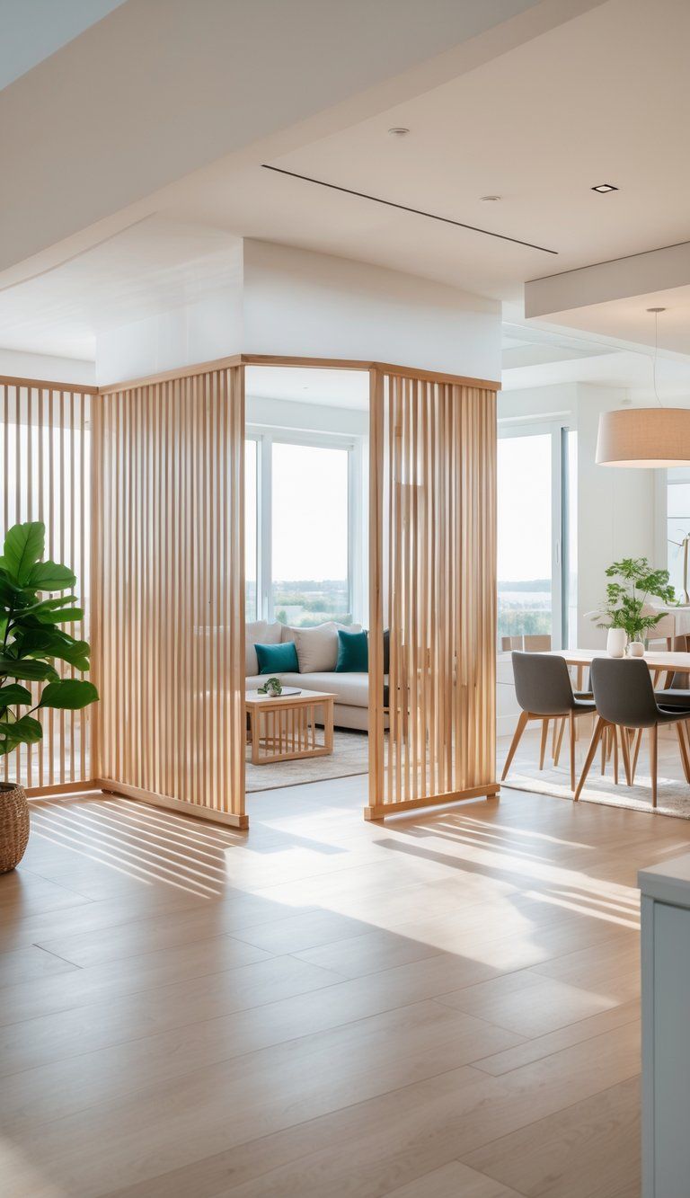 Open-concept living space with room dividers separating a seating area from a dining area.